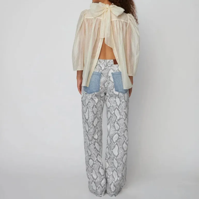 STELLA NOVA Pointelle High-Neck Bow Blouse in Vanilla