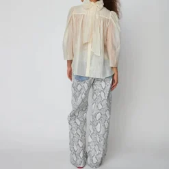 STELLA NOVA Pointelle High-Neck Bow Blouse in Vanilla