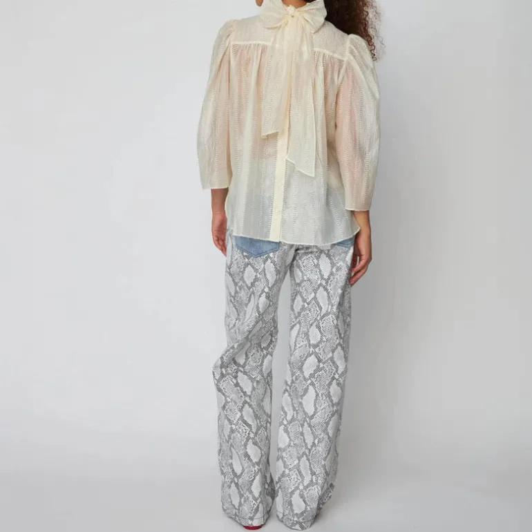 STELLA NOVA Pointelle High-Neck Bow Blouse in Vanilla