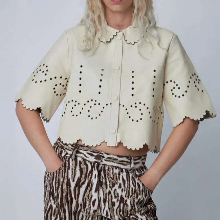 STELLA NOVA Pointelle Leather Shirt in Almost White