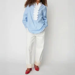 STELLA NOVA Striped Shirt with Scallops in Creme Blue Stripes