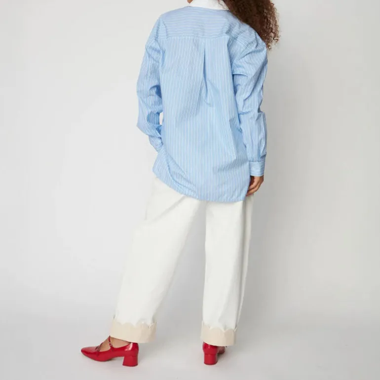 STELLA NOVA Striped Shirt with Scallops in Creme Blue Stripes
